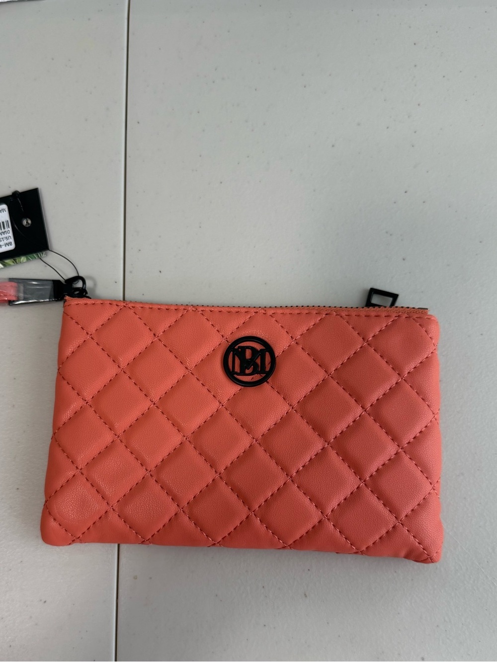 Badgley Mischka Quilted Coral Wristlet Pouch with Logo Accent NWT